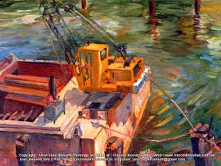 Plein air oil painting of Woolloomooloo Fingerwharf during redevelopment by artist Jane Bennett